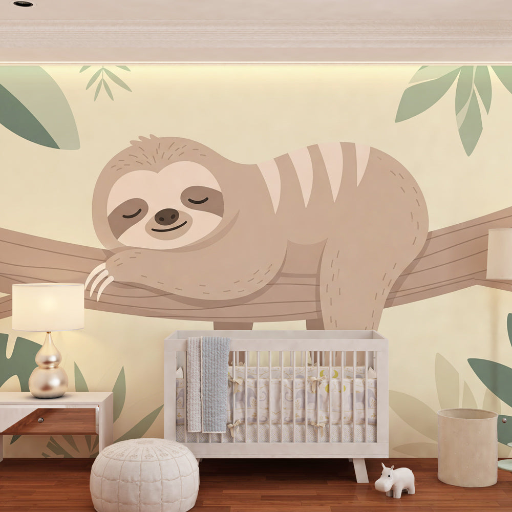 Adorable sloth wallpaper with tropical foliage creating calming atmosphere in toddler room