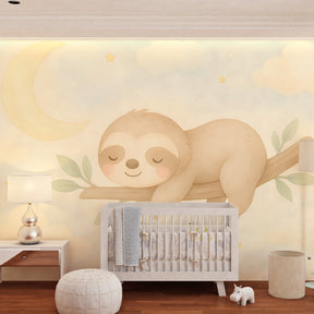 Gentle sloth and moon mural wallpaper for toddler room with dreamy night sky theme