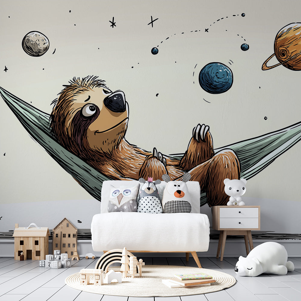 Kids-Mundo sleepy sloth space wall mural adding a gentle, funny touch to a children's playroom