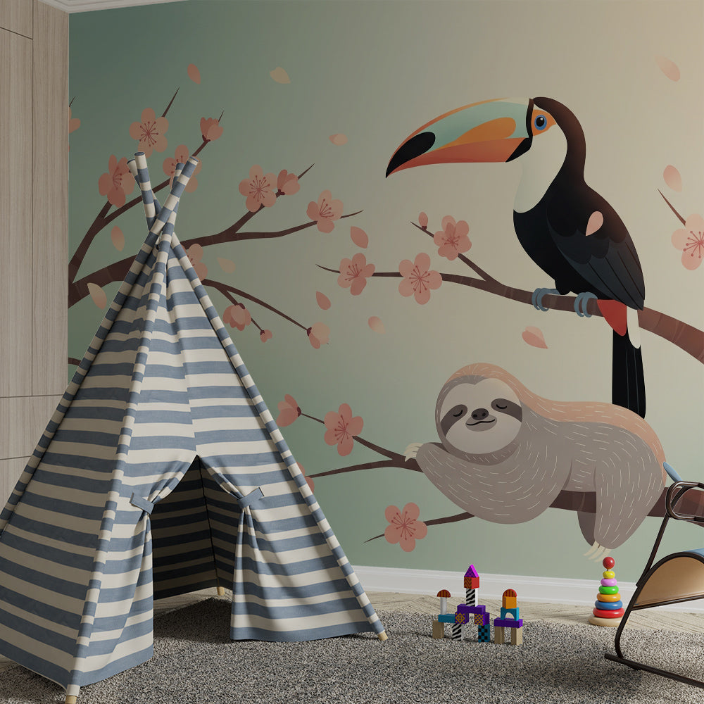 Kids-Mundo sloth and toucan blossom wall mural bringing soft colour to a kids bedroom.
