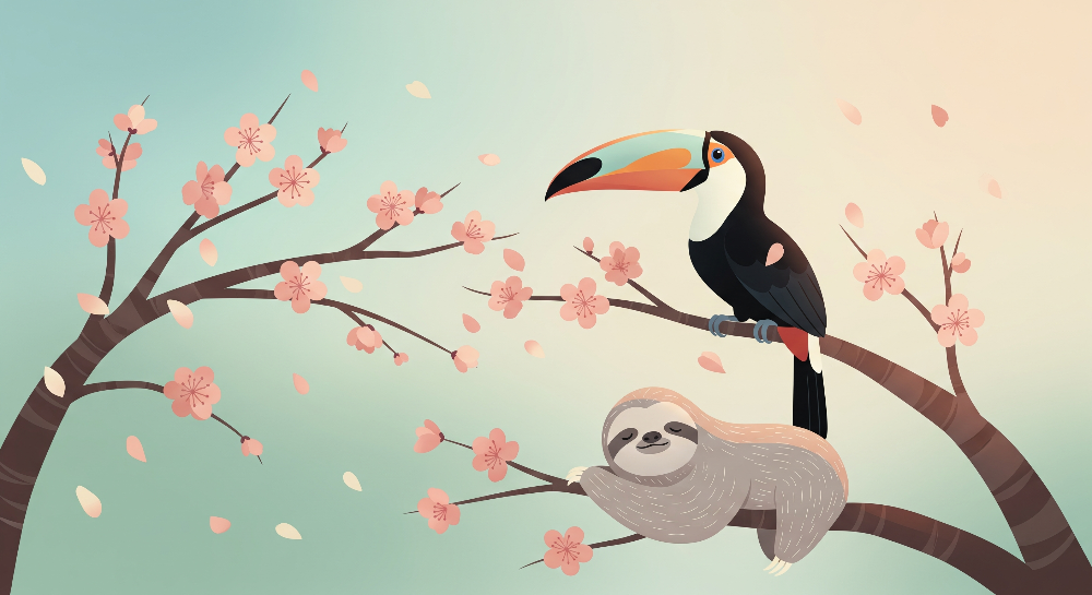 Kids-Mundo flat-artwork design of a sloth and toucan resting together on a cherry blossom branch.