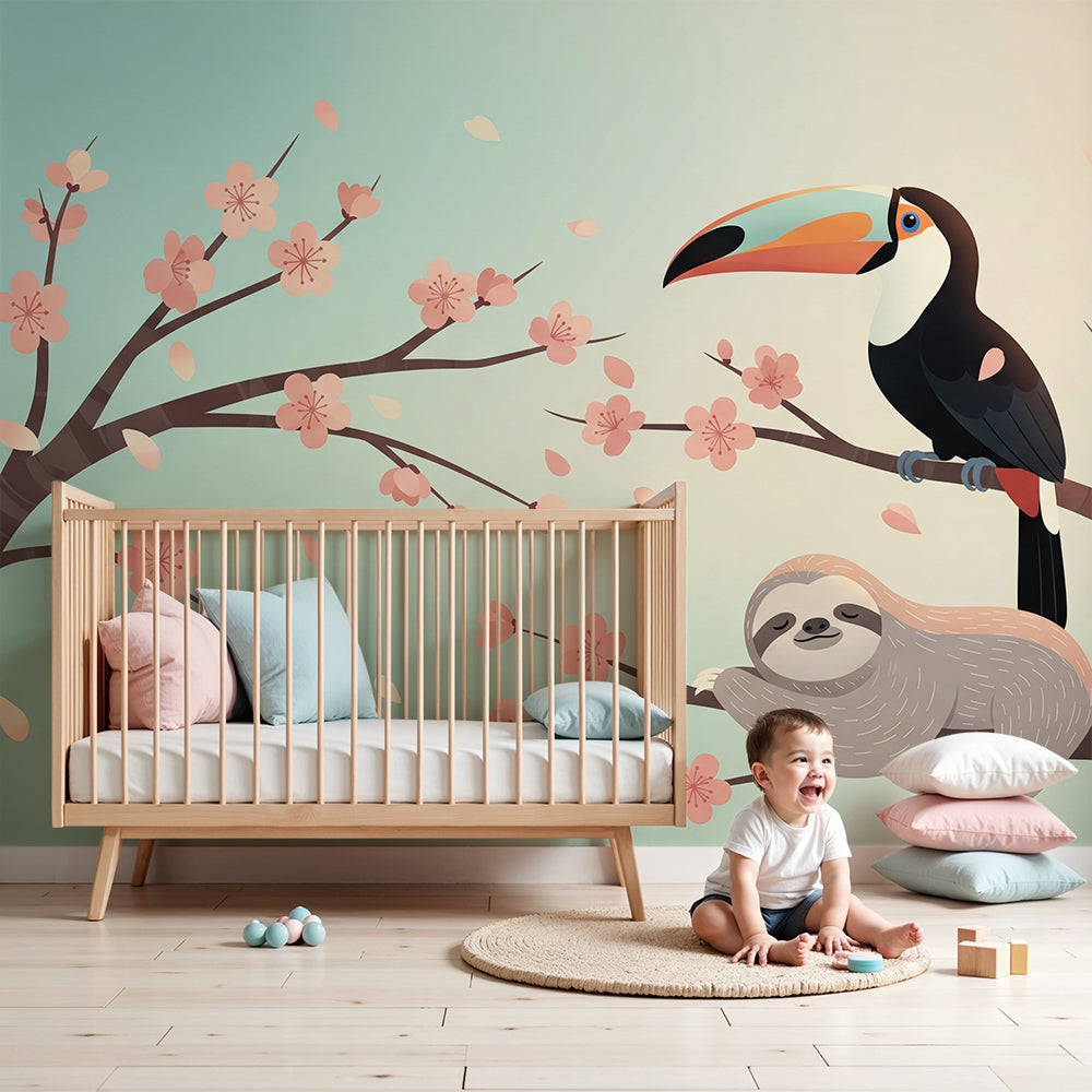 Kids-Mundo sloth and toucan cherry blossom wall mural styled in a warm, calming nursery.