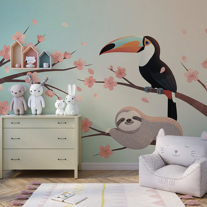 Kids-Mundo sloth and toucan mural creating a cosy focal point in a children's playroom wall.