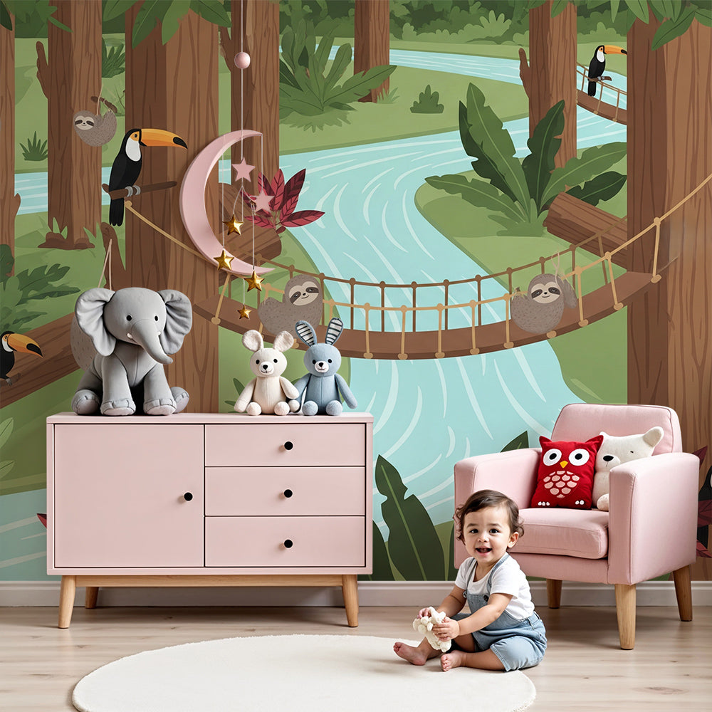 Kids-Mundo sloth and toucan jungle wall mural behind a cot in a soft green nursery
