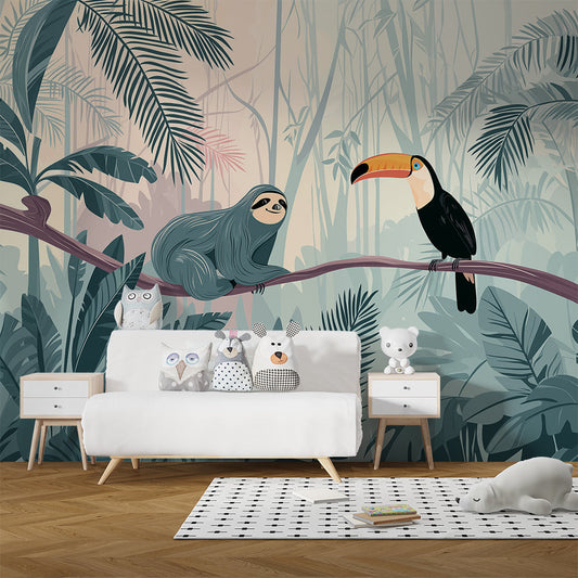 Kids-Mundo sloth and toucan rainforest mural in a kids' bedroom, soft teal jungle covering the wall.