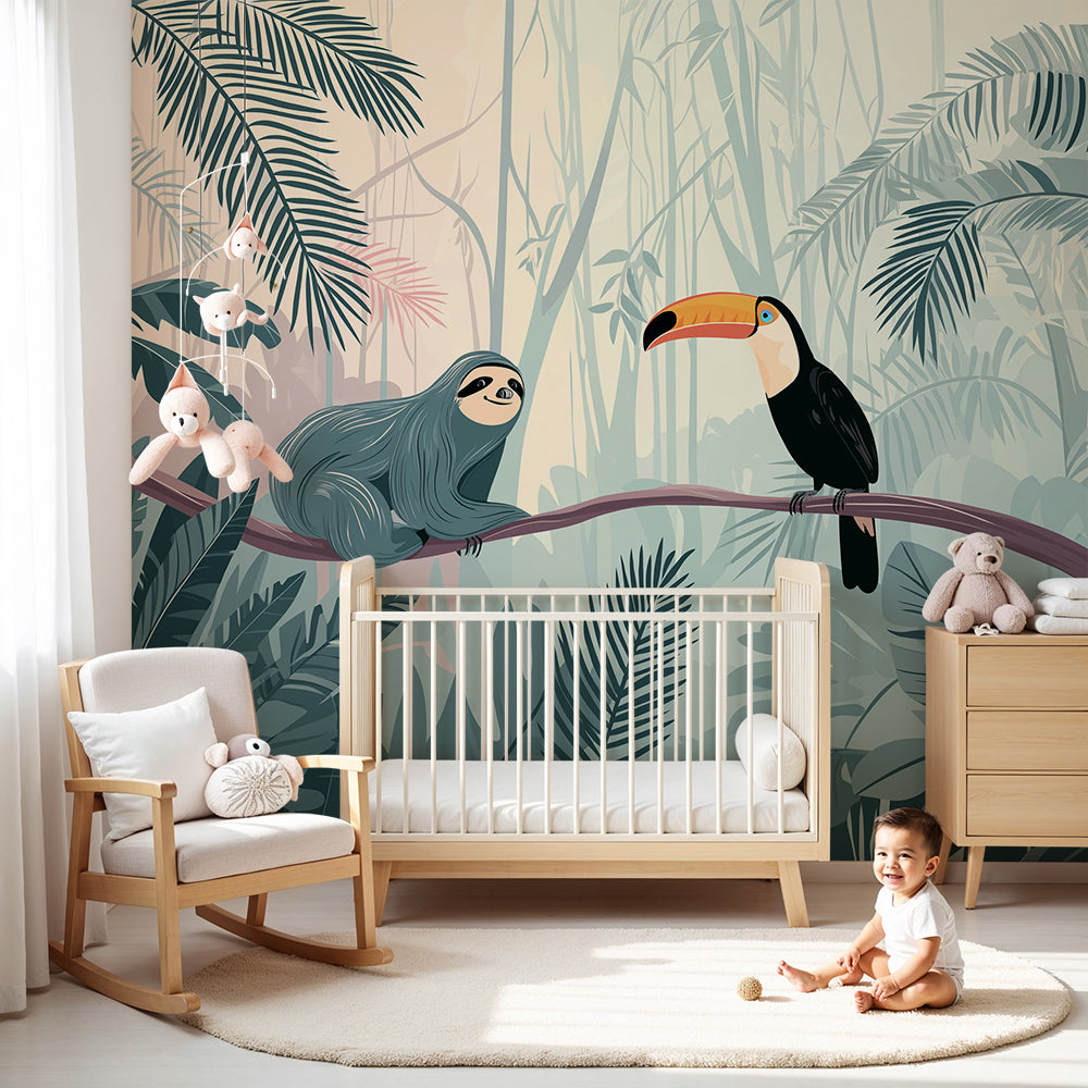Kids-Mundo sloth and toucan wall mural styled in a nursery, teal rainforest leaves behind a soft cot.