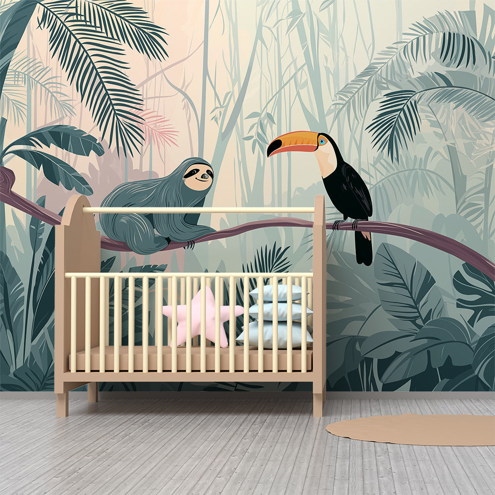 Kids-Mundo sloth and toucan mural in a playroom, calm teal foliage framing the two characters.