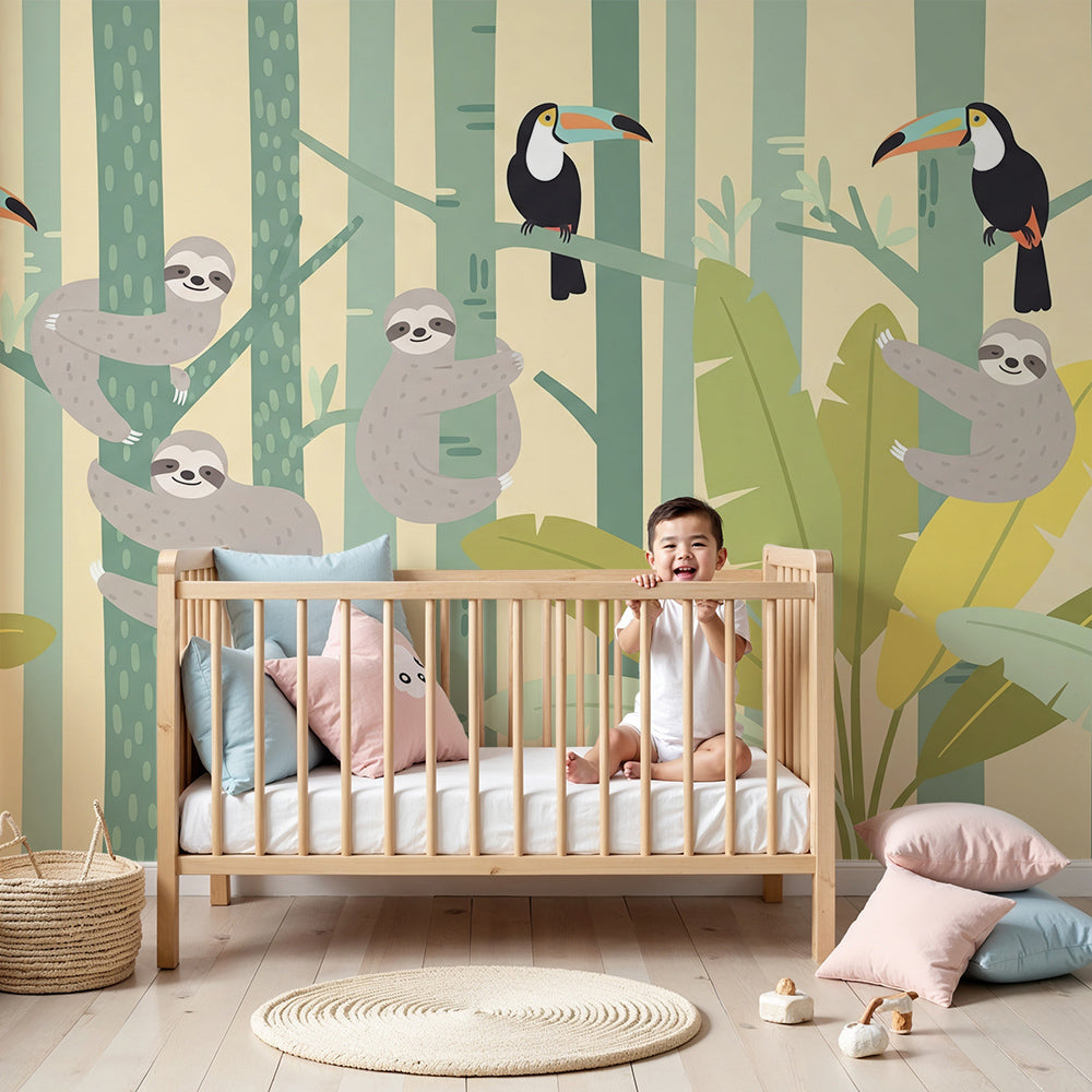 Kids-Mundo sloths and toucans jungle wall mural styled in a nursery with cot and pastel decor.