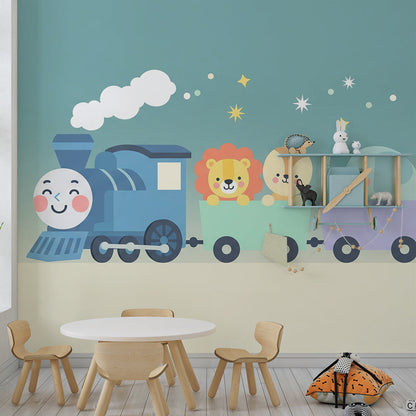 Kids-Mundo animal train wall mural brightening a toddler's bedroom wall with playful pastel animals