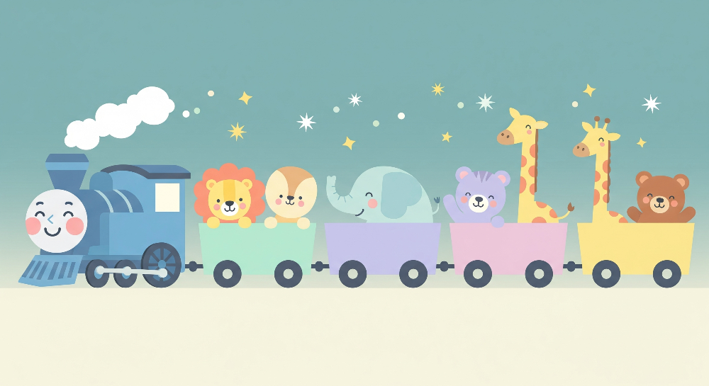 Kids-Mundo flat artwork design of an animal train with lion, elephant and giraffes on a teal sky background