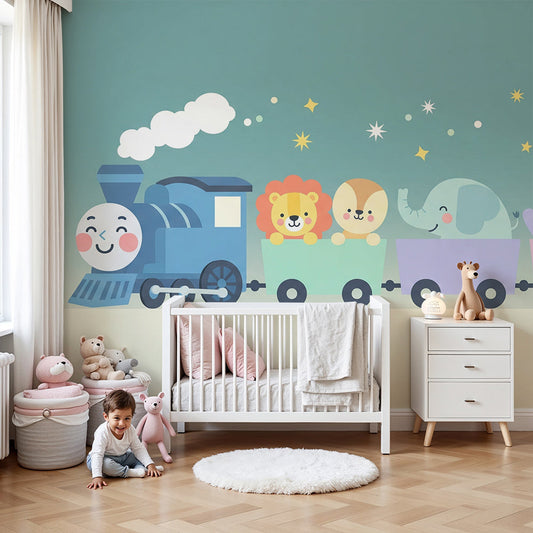 Kids-Mundo animal train wall mural featuring a lion and giraffes in a calm pastel nursery