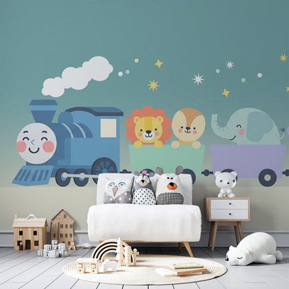 Kids-Mundo animal train wall mural adding a cheerful safari scene to a children's playroom wall