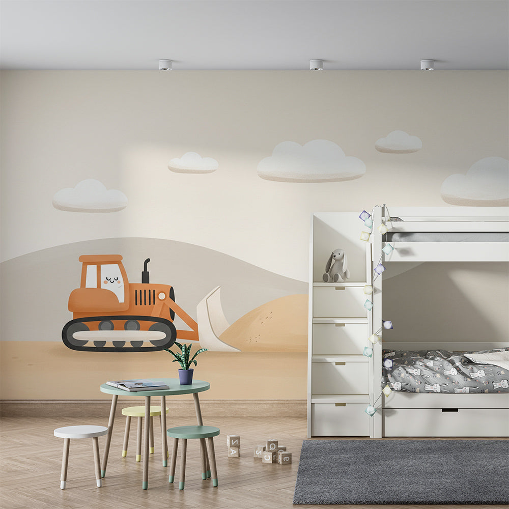 Kids-Mundo cute bulldozer and sand pile mural, printed made to measure for a toddler's bedroom wall.