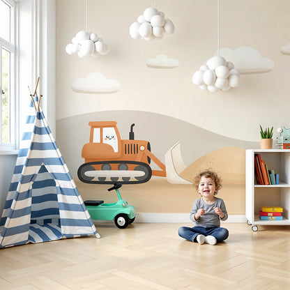 Kids-Mundo smiling bulldozer wall mural, made to measure and shown in a calm, soft-toned nursery.