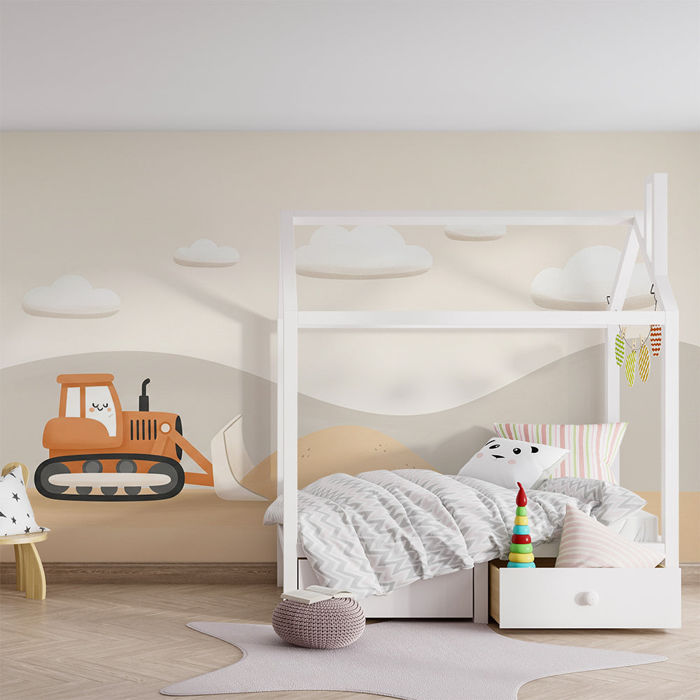 Kids-Mundo smiling digger wall mural, made to measure and pictured in a bright children's playroom.