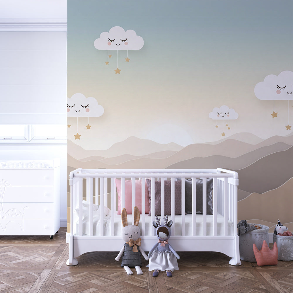 Kids-Mundo cloud and mountain wall mural covering a feature wall in a kids bedroom