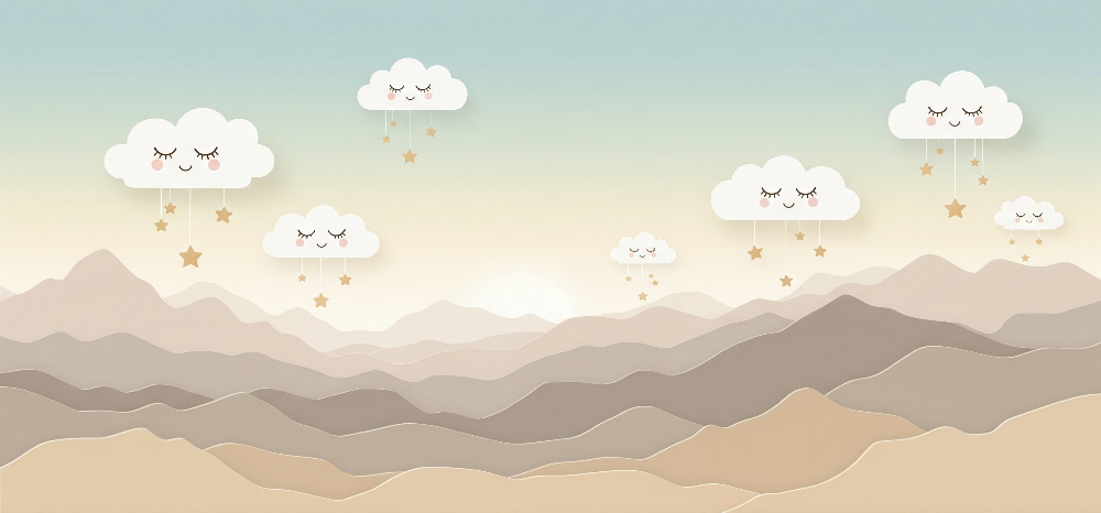 Smiling Clouds Over Misty Mountains Wall Mural