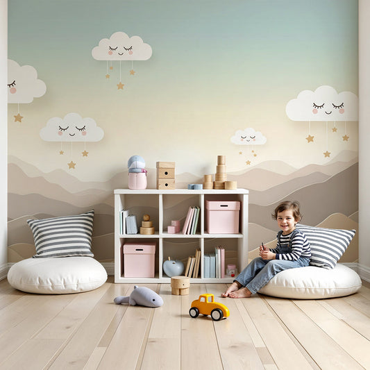 Smiling clouds mountain wall mural by Kids-Mundo behind a cot in a neutral nursery