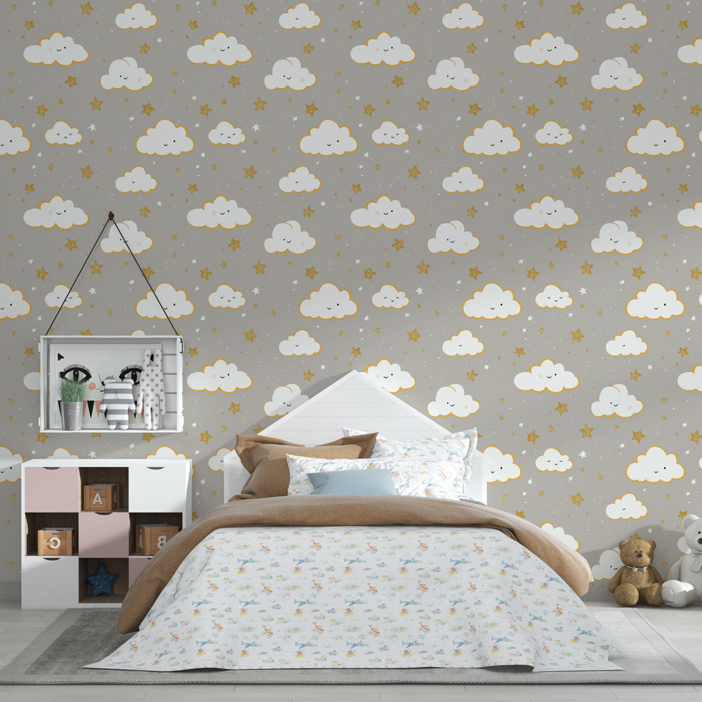 Grey cloud wallpaper with golden stars decorating modern children's bedroom interior