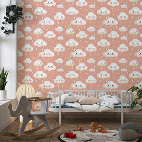 Pink cloud wallpaper transforming modern kids bedroom with cheerful design
