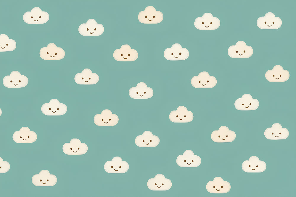 Detailed smiling clouds mural wallpaper design pattern on turquoise background by Kids-Mundo