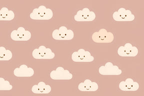 Detailed smiling clouds mural wallpaper design pattern on soft pink background by Kids-Mundo