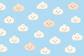 Detailed smiling clouds mural wallpaper design pattern on blue background by Kids-Mundo