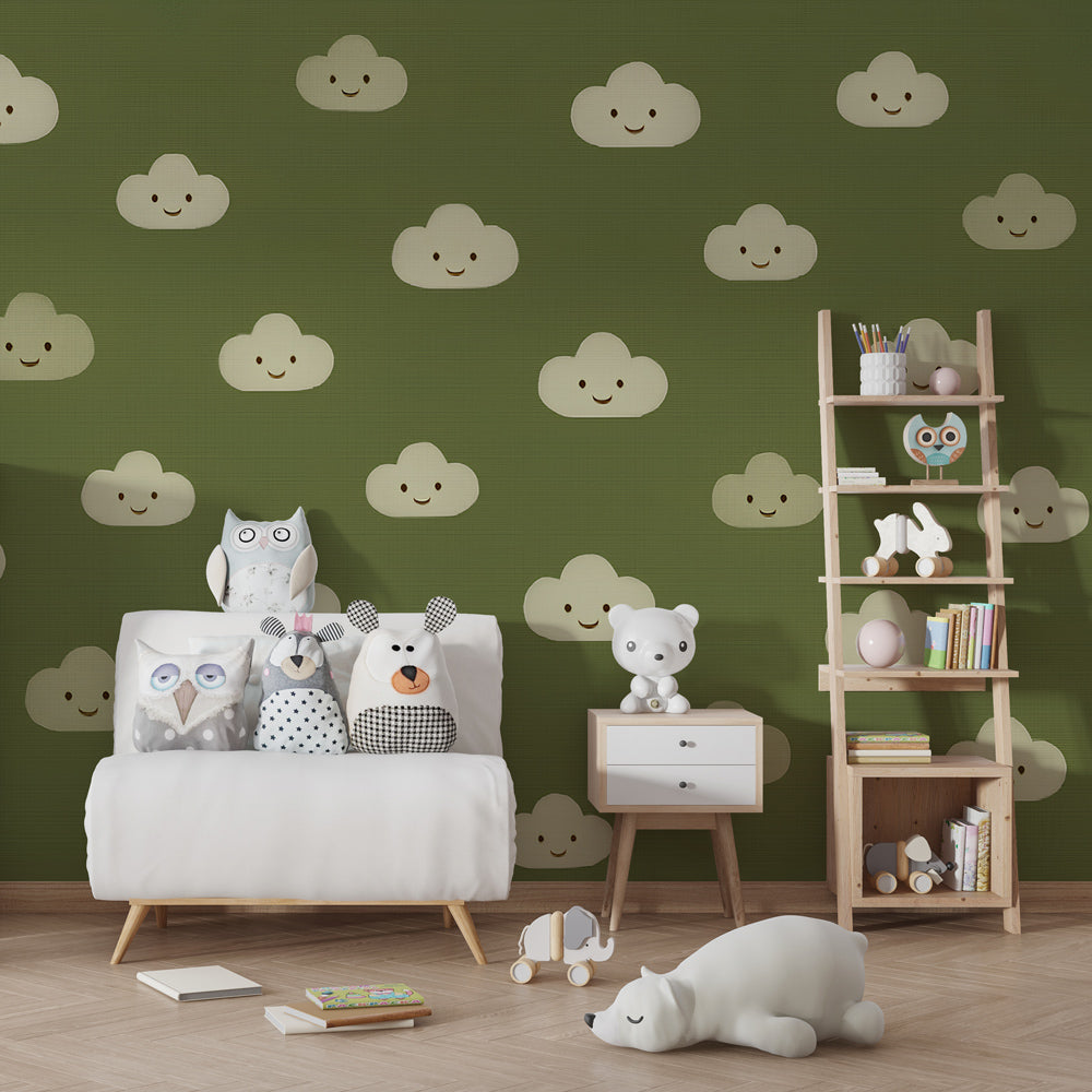 Happy clouds mural wallpaper for kids room with natural wood furniture and soft lighting