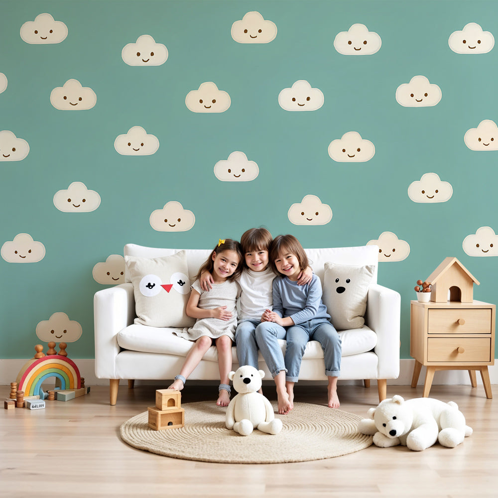 Smiling clouds mural wallpaper creating dreamy turquoise nursery decor by Kids-Mundo