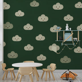 Cheerful smiling clouds kids wallpaper transforming playroom into dreamy sky space