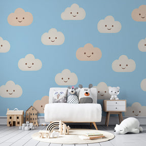 Whimsical cloud theme mural wallpaper transforming kids playroom into joyful sky sanctuary