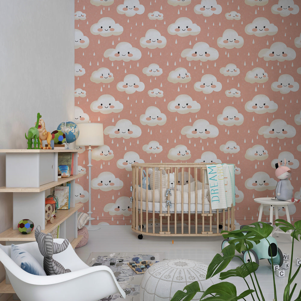 Happy clouds wallpaper creating magical atmosphere in toddler room by Kids-Mundo