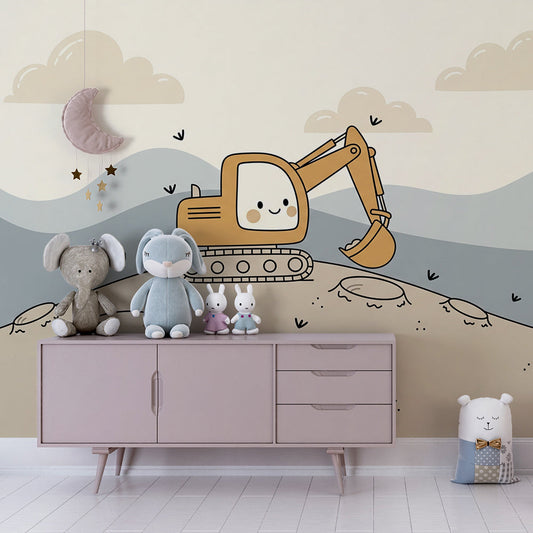 Kids-Mundo digger hillside wall mural covering a kids bedroom wall above a single bed.