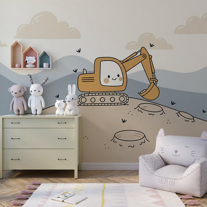 Kids-Mundo digger wall mural in a bright playroom with toy storage and a reading corner.
