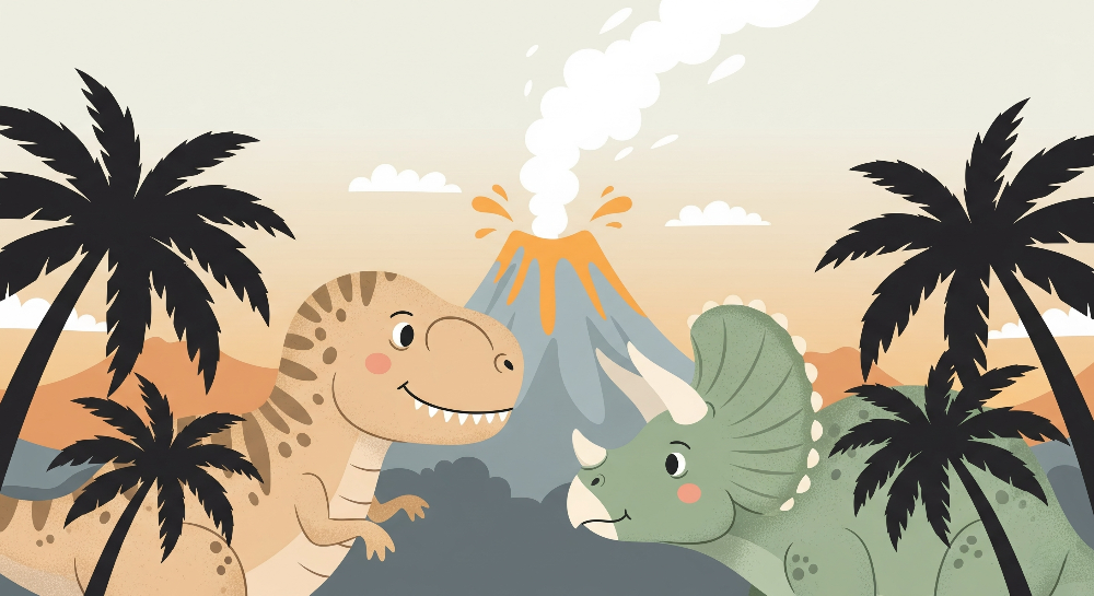 Kids-Mundo flat artwork of a smiling T-rex and triceratops beneath a smoking volcano