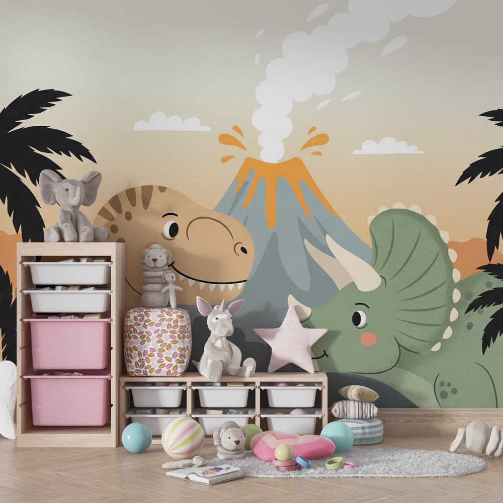 Kids-Mundo dinosaur and volcano mural covering a playroom wall with toy storage nearby