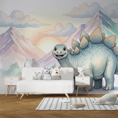 Kids-Mundo dinosaur wall mural styled in a pastel kids bedroom with mountain backdrop and warm sunlight
