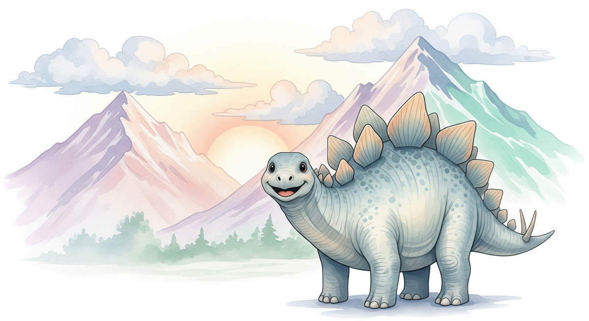 Smiling Watercolour Dinosaur in the Mountains Wall Mural