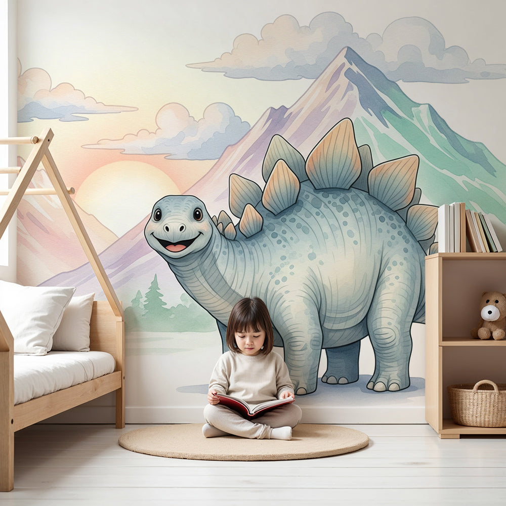 Kids-Mundo watercolour dinosaur wall mural in a soft pastel nursery with mountains and clouds