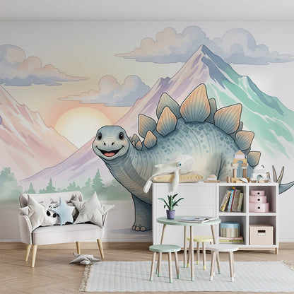 Kids-Mundo smiling dinosaur mural decorating a bright playroom wall with pastel mountains and clouds