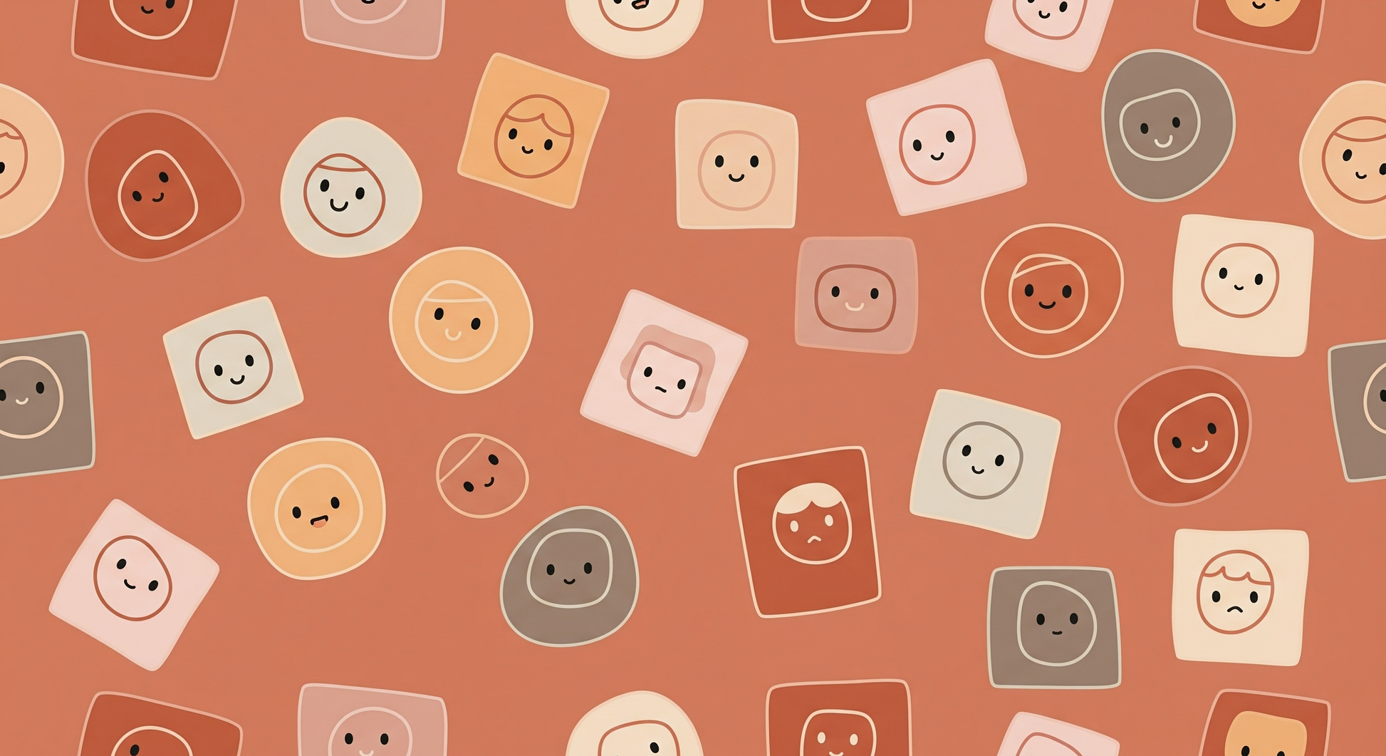 Kids-Mundo flat artwork of cheerful smiling faces in terracotta and cream tones