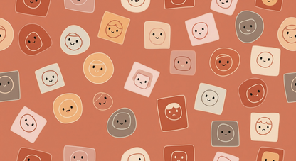 Kids-Mundo flat artwork of cheerful smiling faces in terracotta and cream tones