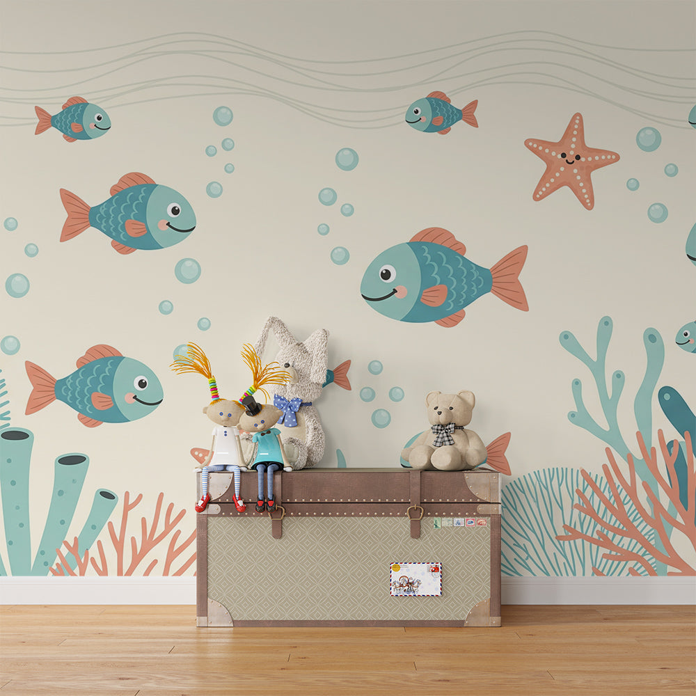 Kids-Mundo underwater fish wall mural covering a feature wall in a child's bedroom