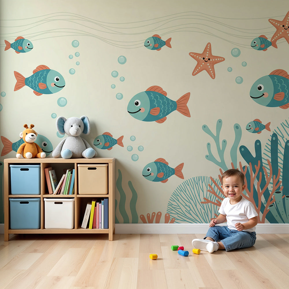 Kids-Mundo fish and coral wall mural behind a cot in a calm, ocean-themed nursery