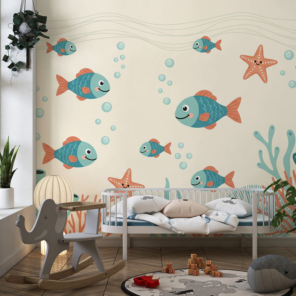 Kids-Mundo fish and starfish wall mural brightening a playful children's playroom