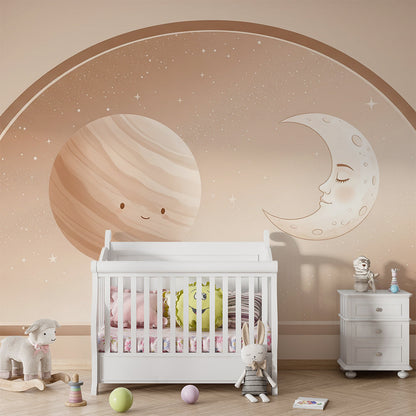 Kids-Mundo planet and moon wall mural styled in a cosy kids bedroom at bedtime