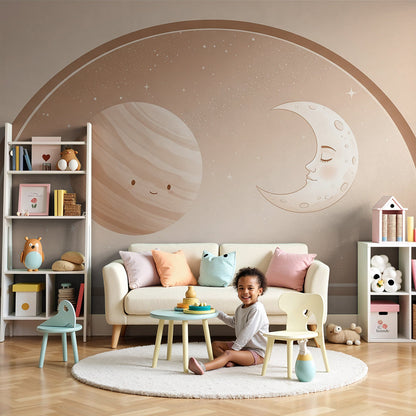 Kids-Mundo smiling planet and sleepy moon wall mural in a warm sepia baby nursery