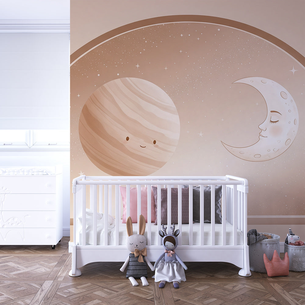 Kids-Mundo smiling planet wall mural featured in a soft children's playroom