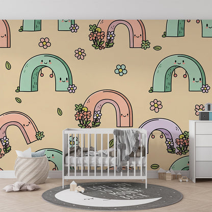 Kids-Mundo rainbow pattern wall mural shown on a feature wall in a cosy kids bedroom