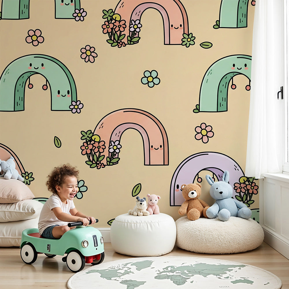 Kids-Mundo rainbow arches wall mural styled in a warm, gender-neutral nursery room